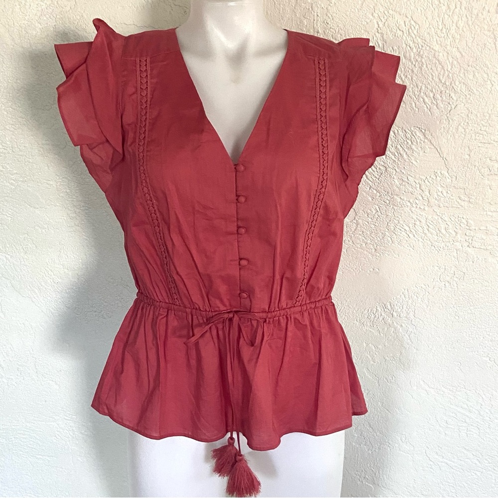 J CREW Dark Dusty Rose Ruffle Blouse Tassels M